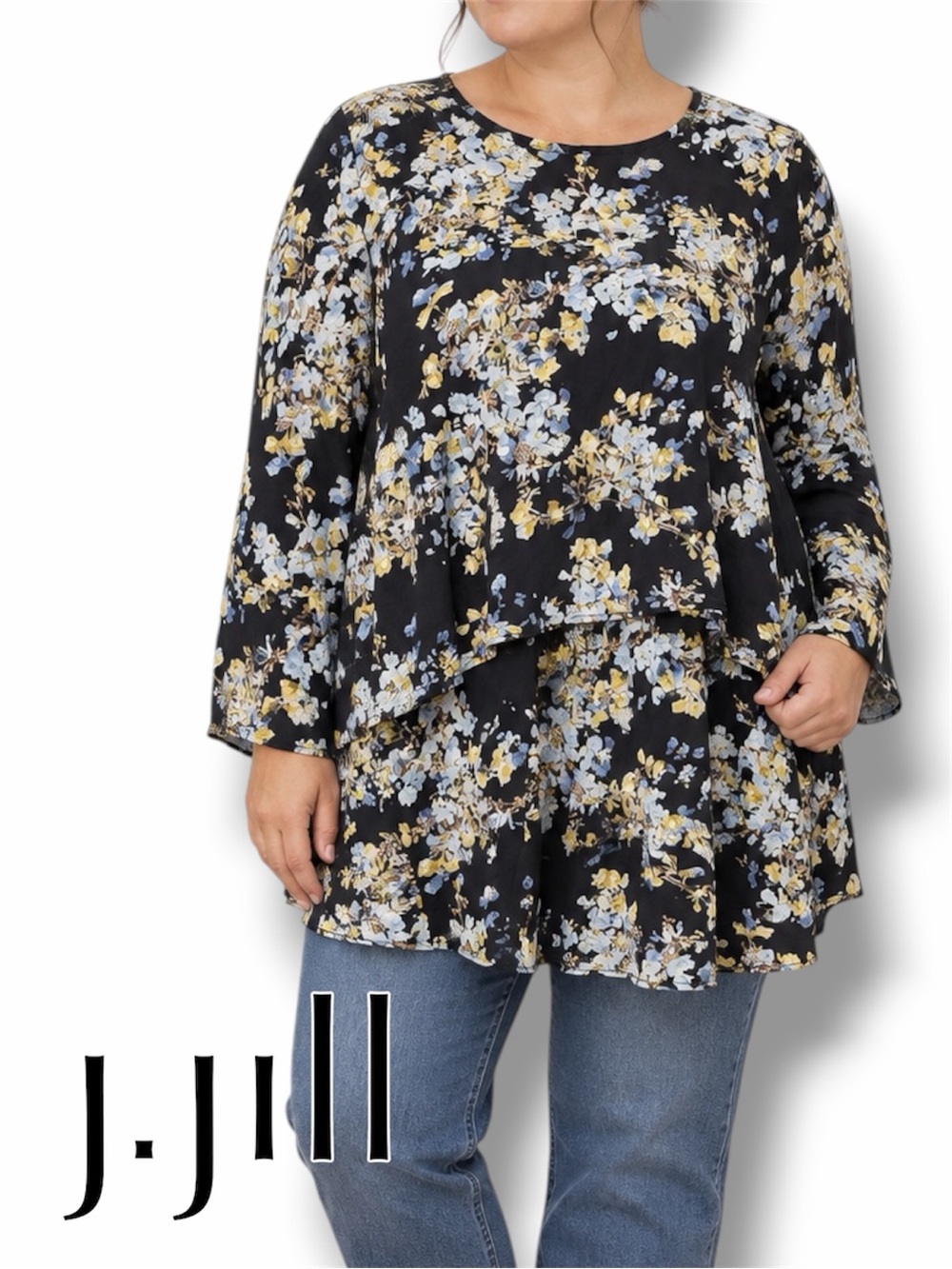 J. Jill Long Sleeve Tiered Tunic Top Floral Print Size XL